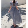 image:imagechouyatou Womens Puff Short Sleeve Plaid Midi Long Dress Retro Square Neck Gingham Party Beach Dress with PocketsBlack
