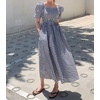 image:imagechouyatou Womens Puff Short Sleeve Plaid Midi Long Dress Retro Square Neck Gingham Party Beach Dress with PocketsBlack