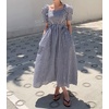 image:imagechouyatou Womens Puff Short Sleeve Plaid Midi Long Dress Retro Square Neck Gingham Party Beach Dress with PocketsBlack