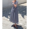 image:imagechouyatou Womens Puff Short Sleeve Plaid Midi Long Dress Retro Square Neck Gingham Party Beach Dress with PocketsBlack