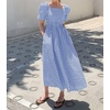 image:imagechouyatou Womens Puff Short Sleeve Plaid Midi Long Dress Retro Square Neck Gingham Party Beach Dress with PocketsBlue