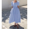 image:imagechouyatou Womens Puff Short Sleeve Plaid Midi Long Dress Retro Square Neck Gingham Party Beach Dress with PocketsBlue