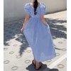 image:imagechouyatou Womens Puff Short Sleeve Plaid Midi Long Dress Retro Square Neck Gingham Party Beach Dress with PocketsBlue