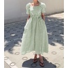 image:imagechouyatou Womens Puff Short Sleeve Plaid Midi Long Dress Retro Square Neck Gingham Party Beach Dress with PocketsGreen