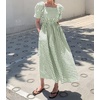 image:imagechouyatou Womens Puff Short Sleeve Plaid Midi Long Dress Retro Square Neck Gingham Party Beach Dress with PocketsGreen