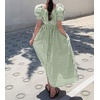 image:imagechouyatou Womens Puff Short Sleeve Plaid Midi Long Dress Retro Square Neck Gingham Party Beach Dress with PocketsGreen