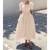 image:imagechouyatou Womens Puff Short Sleeve Plaid Midi Long Dress Retro Square Neck Gingham Party Beach Dress with PocketsKhaki