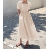 image:imagechouyatou Womens Puff Short Sleeve Plaid Midi Long Dress Retro Square Neck Gingham Party Beach Dress with PocketsKhaki