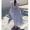 image:imagechouyatou Womens Puff Short Sleeve Plaid Midi Long Dress Retro Square Neck Gingham Party Beach Dress with PocketsNavy