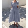 image:imagechouyatou Womens Puff Short Sleeve Plaid Midi Long Dress Retro Square Neck Gingham Party Beach Dress with PocketsNavy