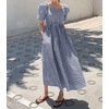 image:imagechouyatou Womens Puff Short Sleeve Plaid Midi Long Dress Retro Square Neck Gingham Party Beach Dress with PocketsNavy