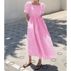 image:imagechouyatou Womens Puff Short Sleeve Plaid Midi Long Dress Retro Square Neck Gingham Party Beach Dress with PocketsPink