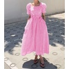 image:imagechouyatou Womens Puff Short Sleeve Plaid Midi Long Dress Retro Square Neck Gingham Party Beach Dress with PocketsPink