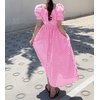 image:imagechouyatou Womens Puff Short Sleeve Plaid Midi Long Dress Retro Square Neck Gingham Party Beach Dress with PocketsPink