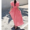 image:imagechouyatou Womens Puff Short Sleeve Plaid Midi Long Dress Retro Square Neck Gingham Party Beach Dress with PocketsRed