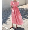 image:imagechouyatou Womens Puff Short Sleeve Plaid Midi Long Dress Retro Square Neck Gingham Party Beach Dress with PocketsRed