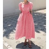 image:imagechouyatou Womens Puff Short Sleeve Plaid Midi Long Dress Retro Square Neck Gingham Party Beach Dress with PocketsRed