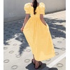 image:imagechouyatou Womens Puff Short Sleeve Plaid Midi Long Dress Retro Square Neck Gingham Party Beach Dress with PocketsYellow