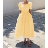 image:imagechouyatou Womens Puff Short Sleeve Plaid Midi Long Dress Retro Square Neck Gingham Party Beach Dress with PocketsYellow