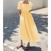 image:imagechouyatou Womens Puff Short Sleeve Plaid Midi Long Dress Retro Square Neck Gingham Party Beach Dress with PocketsYellow