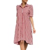 image:imagechouyatou Womens Summer Puff Short Sleeve Striped Shirt Dress Button Down Lapel Midi Long Shift Dress with PocketsRed