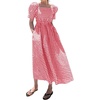 image:imagechouyatou Womens Puff Short Sleeve Plaid Midi Long Dress Retro Square Neck Gingham Party Beach Dress with PocketsRed