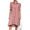 image:imagechouyatou Womens Summer Puff Short Sleeve Striped Shirt Dress Button Down Lapel Midi Long Shift Dress with PocketsRed