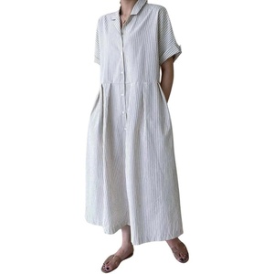 image:imagechouyatou Womens Cotton Striped Shirt Dress Button Up Short Sleeve Midi Long Shift Dress with PocketsGray