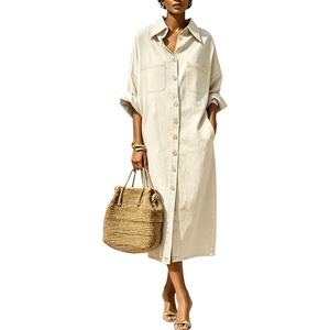 image:imagechouyatou Womens Denim Shirt Dress Button Down Loose Jean Midi Long DressBeige White