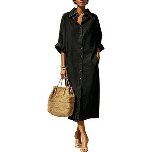 image:imagechouyatou Womens Denim Shirt Dress Button Down Loose Jean Midi Long DressBlack