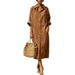 image:imagechouyatou Womens Denim Shirt Dress Button Down Loose Jean Midi Long DressBrown