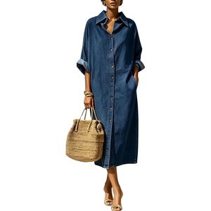 image:imagechouyatou Womens Denim Shirt Dress Button Down Loose Jean Midi Long DressDark Blue