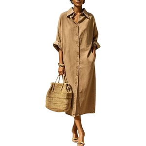 image:imagechouyatou Womens Denim Shirt Dress Button Down Loose Jean Midi Long DressKhaki