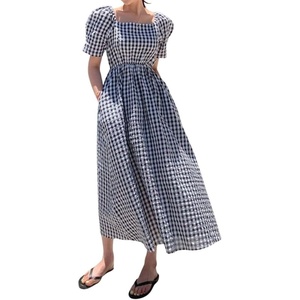 image:imagechouyatou Womens Puff Short Sleeve Plaid Midi Long Dress Retro Square Neck Gingham Party Beach Dress with PocketsBlack