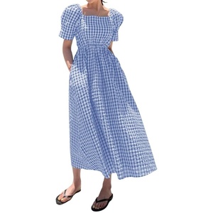 image:imagechouyatou Womens Puff Short Sleeve Plaid Midi Long Dress Retro Square Neck Gingham Party Beach Dress with PocketsBlue