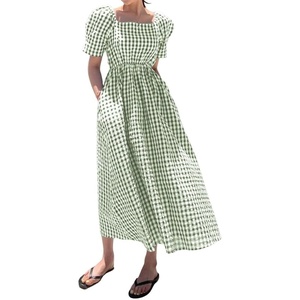 image:imagechouyatou Womens Puff Short Sleeve Plaid Midi Long Dress Retro Square Neck Gingham Party Beach Dress with PocketsGreen