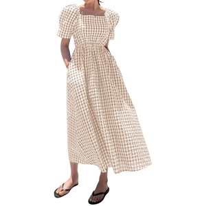 image:imagechouyatou Womens Puff Short Sleeve Plaid Midi Long Dress Retro Square Neck Gingham Party Beach Dress with PocketsKhaki