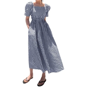 image:imagechouyatou Womens Puff Short Sleeve Plaid Midi Long Dress Retro Square Neck Gingham Party Beach Dress with PocketsNavy