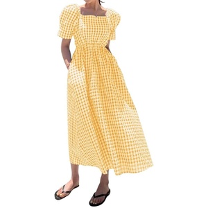 image:imagechouyatou Womens Puff Short Sleeve Plaid Midi Long Dress Retro Square Neck Gingham Party Beach Dress with PocketsYellow
