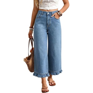 image:imagechouyatou Womens Ruffle Wide Leg Jeans Baggy Cropped Denim Palazzo PantsBlue