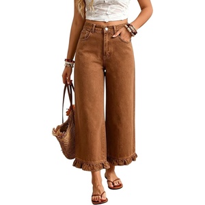 image:imagechouyatou Womens Ruffle Wide Leg Jeans Baggy Cropped Denim Palazzo PantsBrown