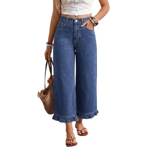 image:imagechouyatou Womens Ruffle Wide Leg Jeans Baggy Cropped Denim Palazzo PantsDark Blue