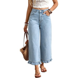 image:imagechouyatou Womens Ruffle Wide Leg Jeans Baggy Cropped Denim Palazzo PantsLight Blue