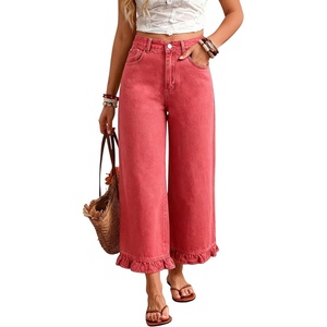 image:imagechouyatou Womens Ruffle Wide Leg Jeans Baggy Cropped Denim Palazzo PantsWatermelon Red