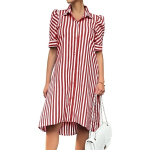 image:imagechouyatou Womens Summer Puff Short Sleeve Striped Shirt Dress Button Down Lapel Midi Long Shift Dress with PocketsRed