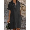 image:imagechouyatou Womens Casual Button Up Polo Collar Shirt Dress Short Sleeve Tunic Shift Mini Dress with PocketsBlack