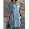 image:imagechouyatou Womens Casual Button Up Polo Collar Shirt Dress Short Sleeve Tunic Shift Mini Dress with PocketsBlue