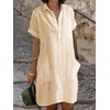image:imagechouyatou Womens Casual Button Up Polo Collar Shirt Dress Short Sleeve Tunic Shift Mini Dress with PocketsKhaki
