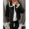 image:imagechouyatou Womens Lace Trim Faux Suede Jacket Button Down Short Trench CoatBlack