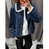 image:imagechouyatou Womens Lace Trim Faux Suede Jacket Button Down Short Trench CoatBlue